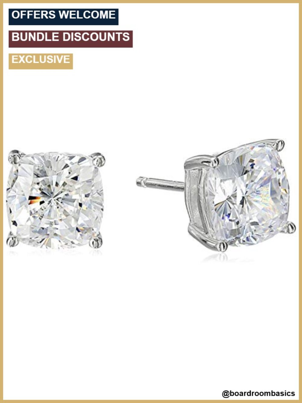 Platinum Plated Sterling Silver Cushion Cut Cubic Zirconia Stud Earrings